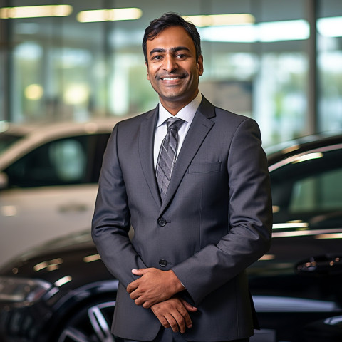 Smiling handsome indian man automotive legal counsel at work on blured background