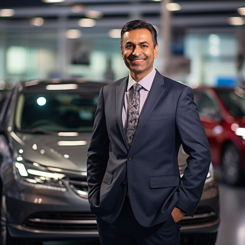 Smiling handsome indian man automotive sales manager at work on blured background