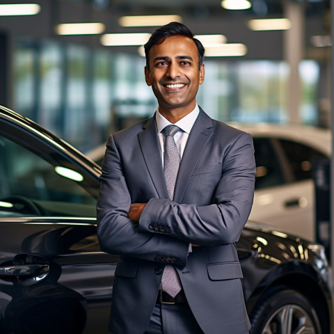 Smiling handsome indian man automotive legal counsel at work on blured background