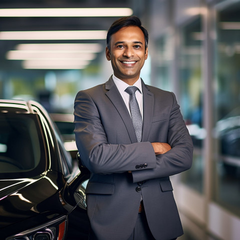 Smiling handsome indian man automotive legal counsel at work on blured background