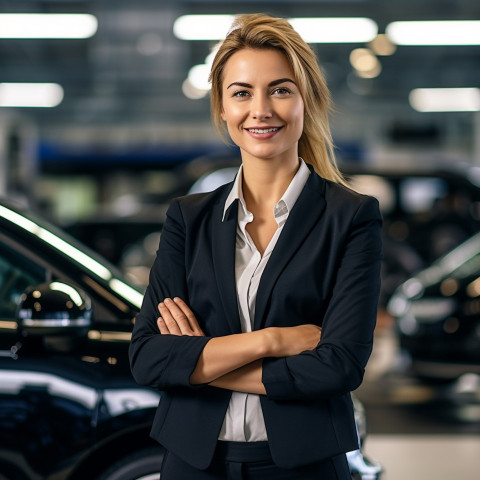 Friendly smiling beautiful woman automotive general manager at work on blured background