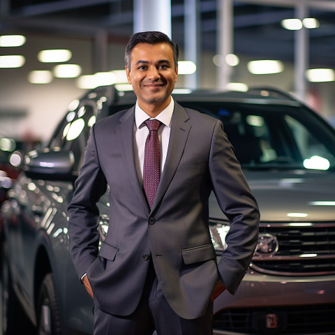 Smiling handsome indian man automotive sales manager at work on blured background