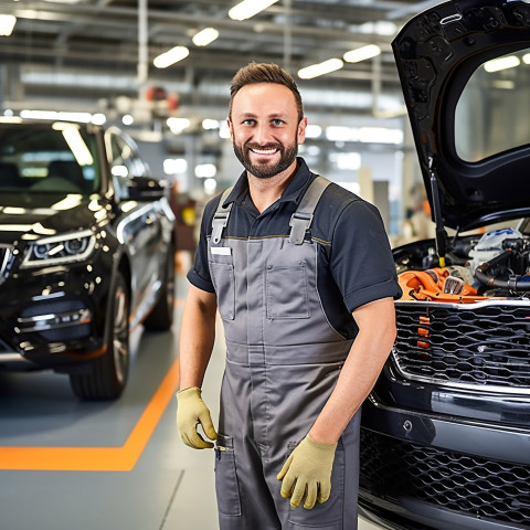 Friendly smiling handsome man automotive cleaning and maintenance staff at work on blured background