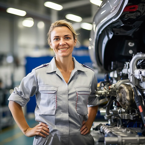 Friendly smiling beautiful woman automotive training instructor at work on blured background