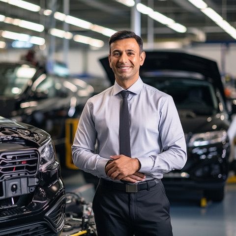 Friendly smiling handsome indian man automotive general manager at work on blured background