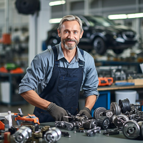 Friendly smiling handsome man automotive parts specialist at work on blured background