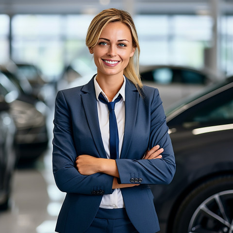 Friendly smiling beautiful woman automotive legal counsel at work on blured background