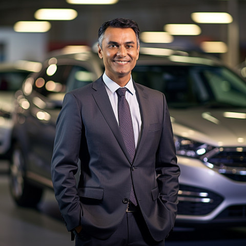 Smiling handsome indian man automotive sales manager at work on blured background