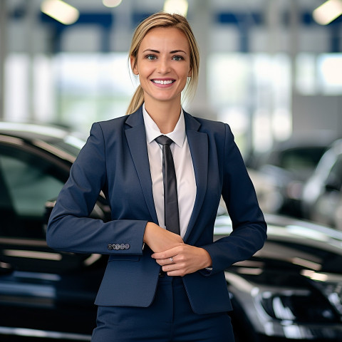 Friendly smiling beautiful woman automotive legal counsel at work on blured background