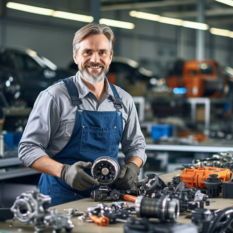 Friendly smiling handsome man automotive parts specialist at work on blured background