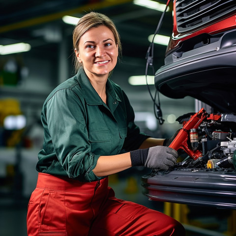 Friendly smiling beautiful woman automotive detailer at work on blured background