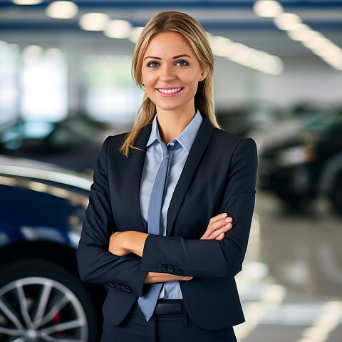 Friendly smiling beautiful woman automotive legal counsel at work on blured background