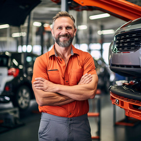 Friendly smiling handsome man automotive service manager at work on blured background