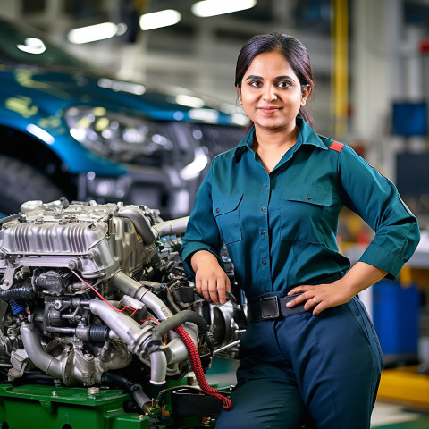 Friendly smiling beautiful indian woman automotive parts manager at work on blured background