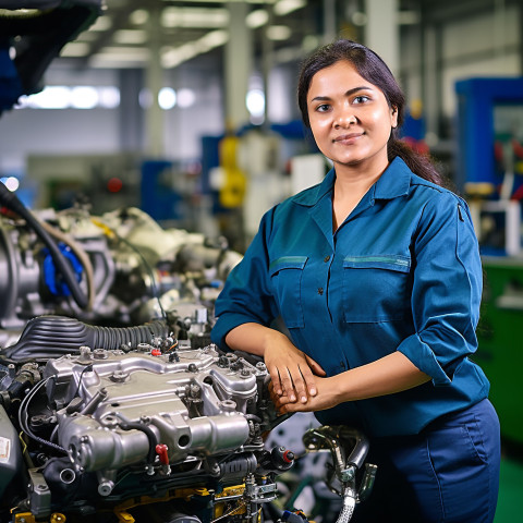 Friendly smiling beautiful indian woman automotive parts manager at work on blured background