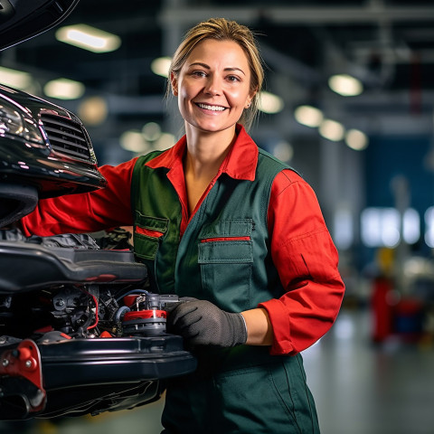 Friendly smiling beautiful woman automotive detailer at work on blured background