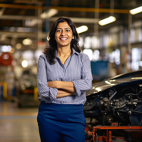 Friendly smiling beautiful indian woman automotive human resources manager at work on blured background