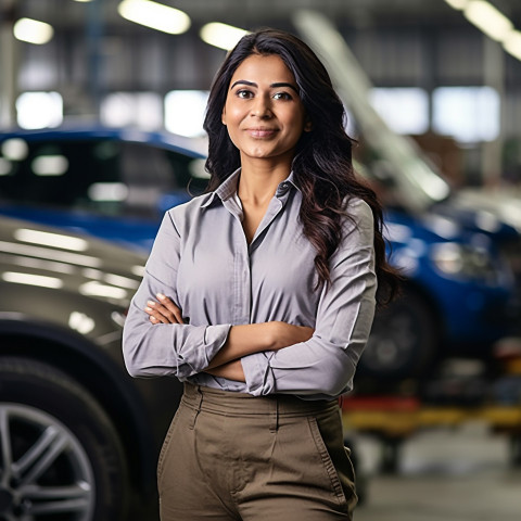 Friendly smiling beautiful indian woman automotive marketing and advertising specialist at work on blured background