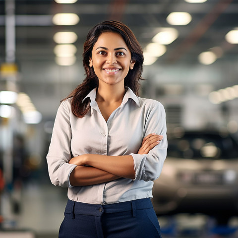 Friendly smiling beautiful indian woman automotive marketing and advertising specialist at work on blured background