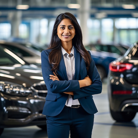 Friendly smiling beautiful indian woman automotive human resources manager at work on blured background