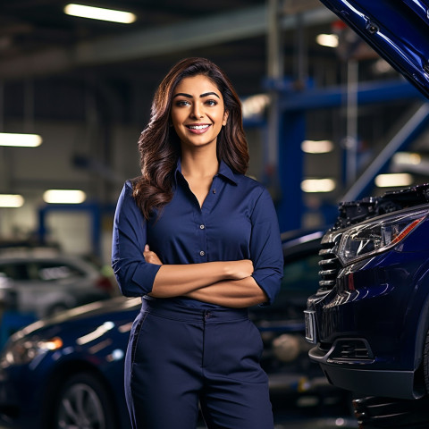 Friendly smiling beautiful indian woman automotive customer relations specialist at work on blured background