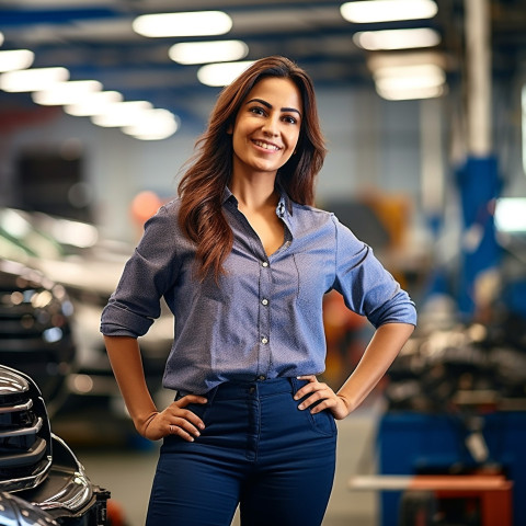 Friendly smiling beautiful indian woman automotive marketing and advertising specialist at work on blured background