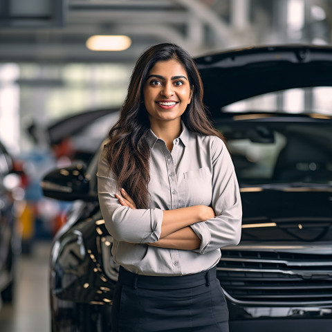 Friendly smiling beautiful indian woman automotive marketing and advertising specialist at work on blured background