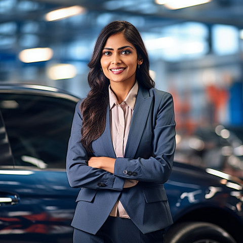 Friendly smiling beautiful indian woman automotive human resources manager at work on blured background