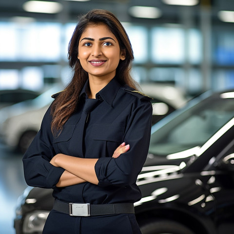 Friendly smiling beautiful indian woman automotive security personnel at work on blured background