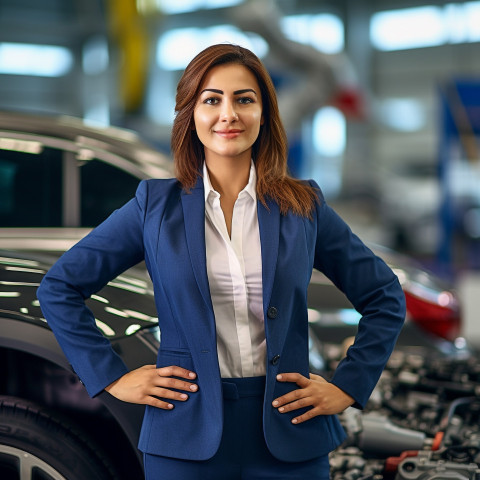 Friendly smiling beautiful indian woman automotive sales manager at work on blured background