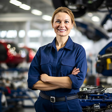 Friendly smiling beautiful woman automotive compliance and safety officer at work on blured background