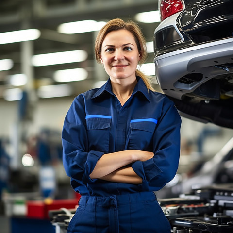 Friendly smiling beautiful woman automotive compliance and safety officer at work on blured background