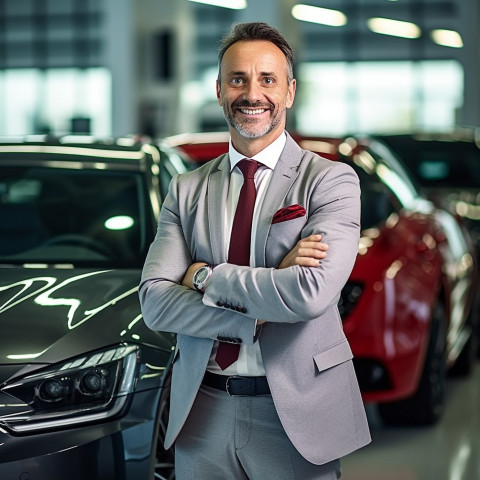 Friendly smiling handsome man automotive finance manager at work on blured background