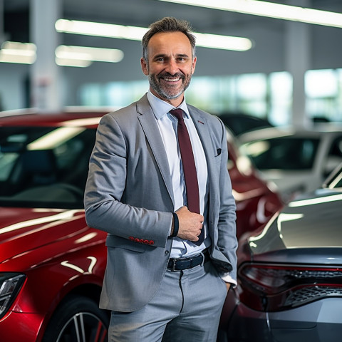 Friendly smiling handsome man automotive finance manager at work on blured background