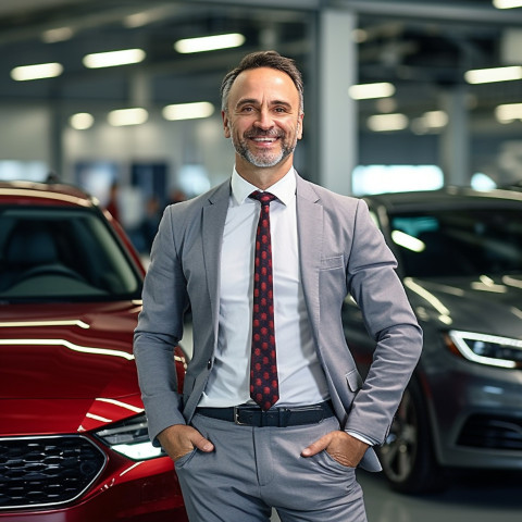 Friendly smiling handsome man automotive finance manager at work on blured background