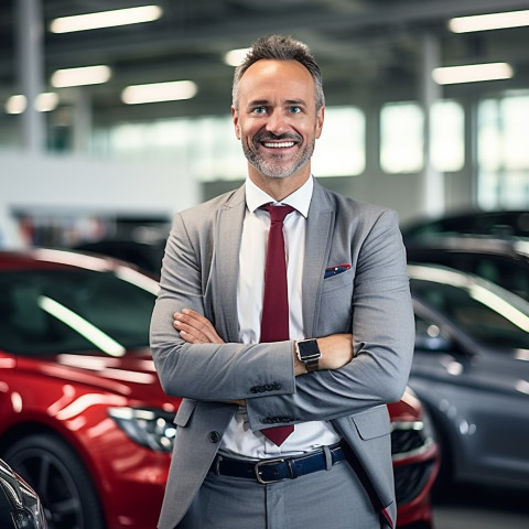 Friendly smiling handsome man automotive finance manager at work on blured background