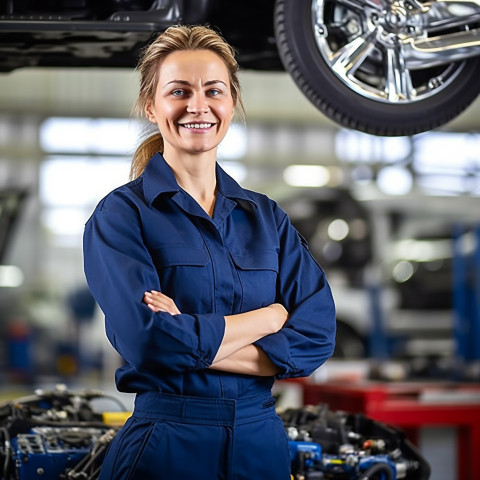 Friendly smiling beautiful woman automotive compliance and safety officer at work on blured background