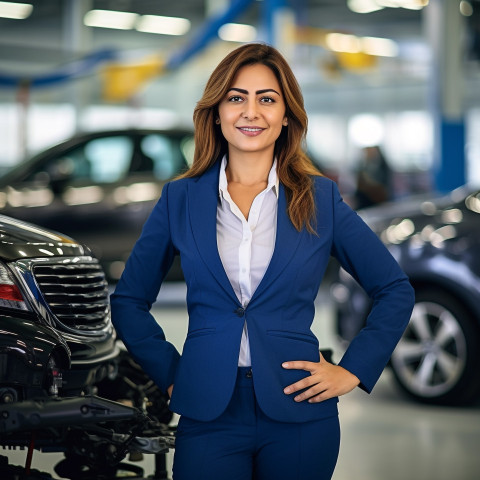 Friendly smiling beautiful indian woman automotive sales manager at work on blured background