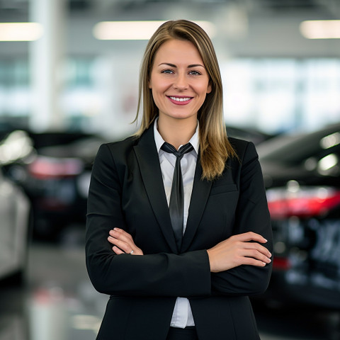 Friendly smiling beautiful woman automotive sales manager at work on blured background