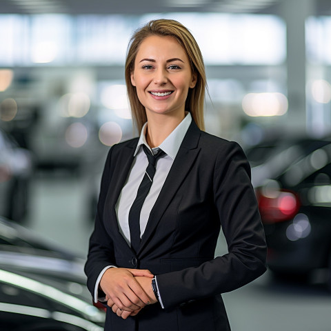 Friendly smiling beautiful woman automotive sales manager at work on blured background