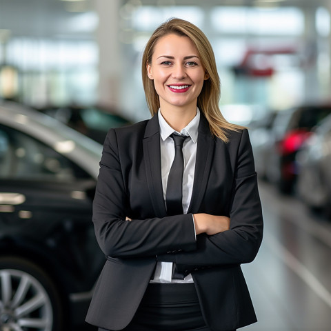 Friendly smiling beautiful woman automotive sales manager at work on blured background