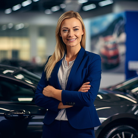 Friendly smiling beautiful woman automotive sales manager at work on blured background