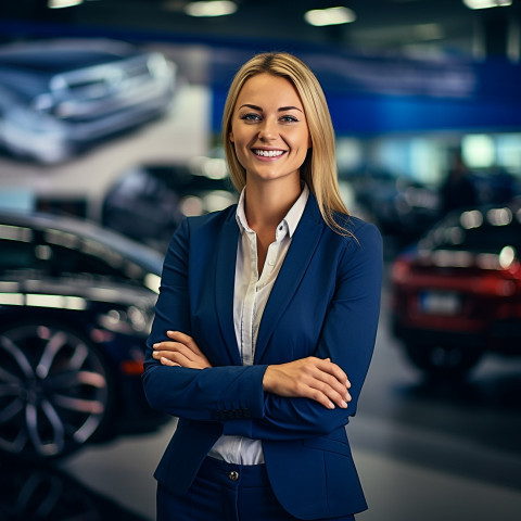 Friendly smiling beautiful woman automotive sales manager at work on blured background