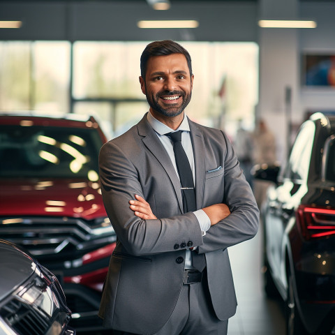 Smiling handsome indian man automotive sales representative at work on blured background