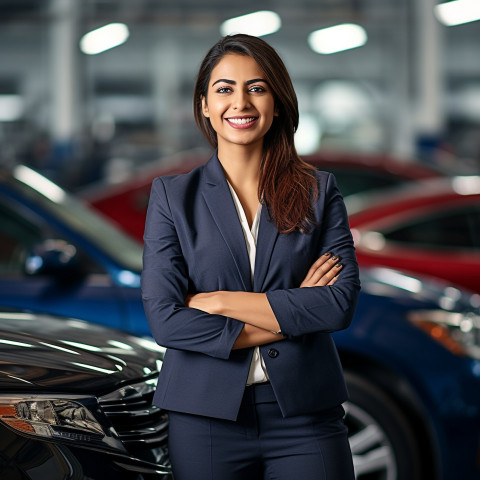 Friendly smiling beautiful indian woman automotive legal counsel at work on blured background