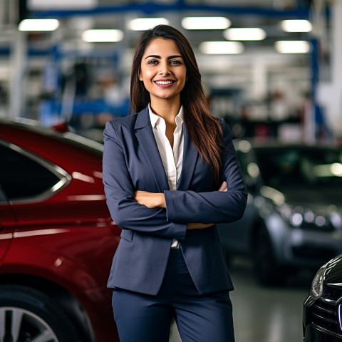 Friendly smiling beautiful indian woman automotive legal counsel at work on blured background