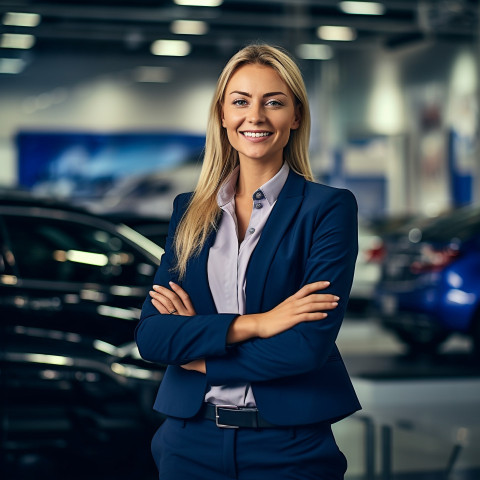 Friendly smiling beautiful woman automotive sales manager at work on blured background