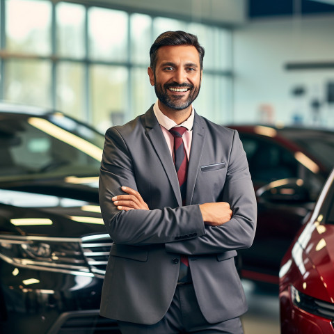 Smiling handsome indian man automotive sales representative at work on blured background