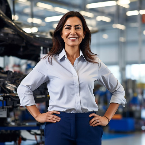 Friendly smiling beautiful indian woman automotive general manager at work on blured background