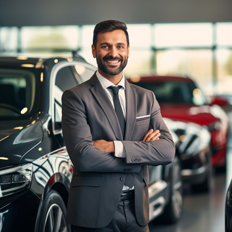 Smiling handsome indian man automotive sales representative at work on blured background